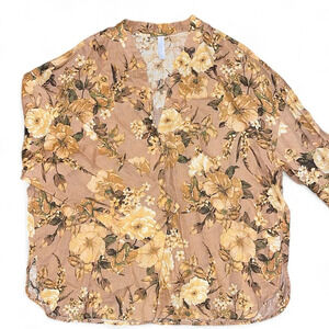 MNG Linen Blouse Women’s Sz 6 Floral Button Up Fall Nude Floral Oversized Sz 6